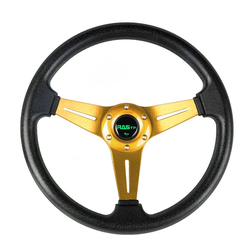 RASTP Universal Racing Steering Wheel 13.8â€/350mm 6 Bolts Grip Vinyl Leather & Aluminum with Horn Button for Car -Gold - Image 1